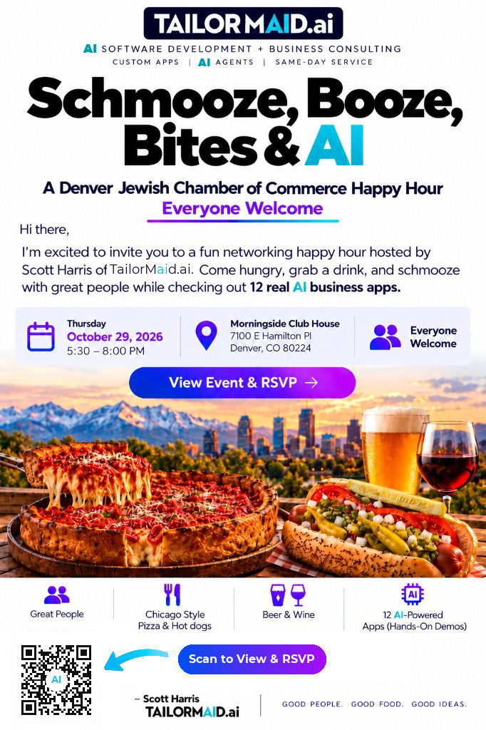 Schmooze, Booze, Bites & AI — Denver Jewish Chamber of Commerce Happy Hour invitation
